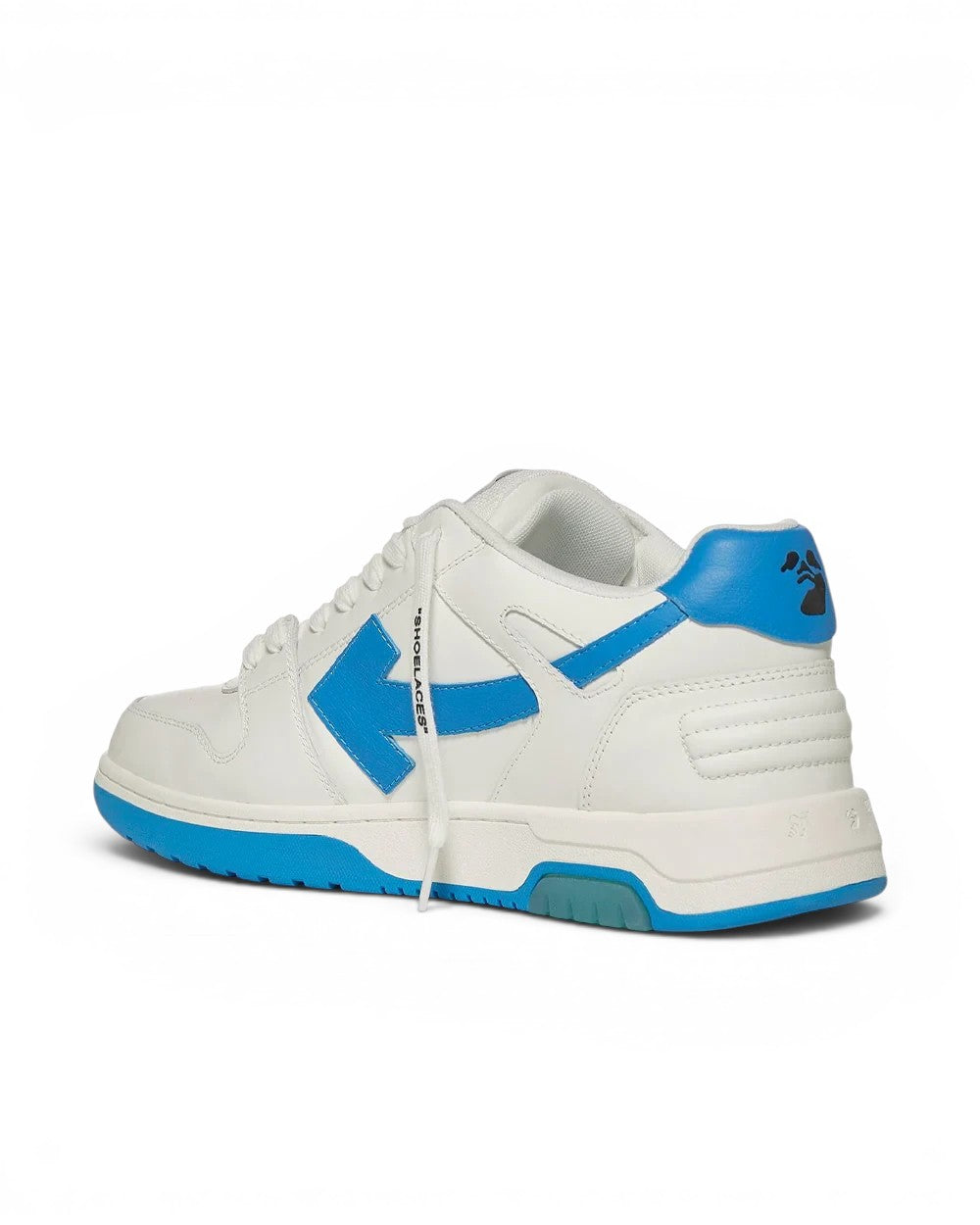 Zapatillas The Hype Company Off-White Out of Office bajas en cuero blanco con detalles y suela en azul brillante