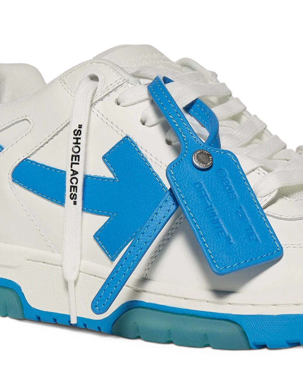 Zapatillas The Hype Company Off-White Out of Office blancas y azules con etiqueta distintiva y cordones SHOELACES