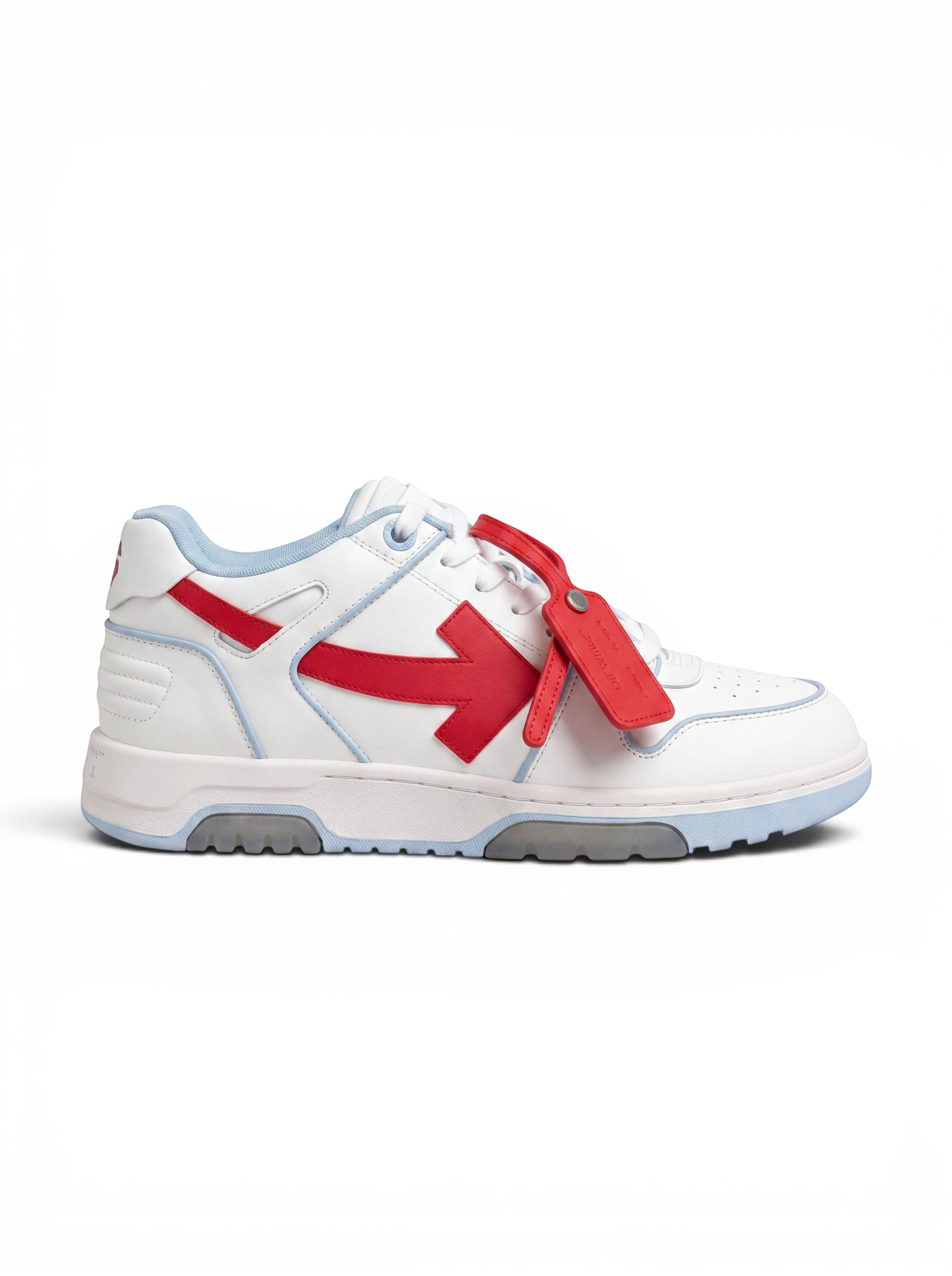 Zapatillas The Hype Company Off White Out of Office en blanco con detalles en azul claro y flecha roja lateral