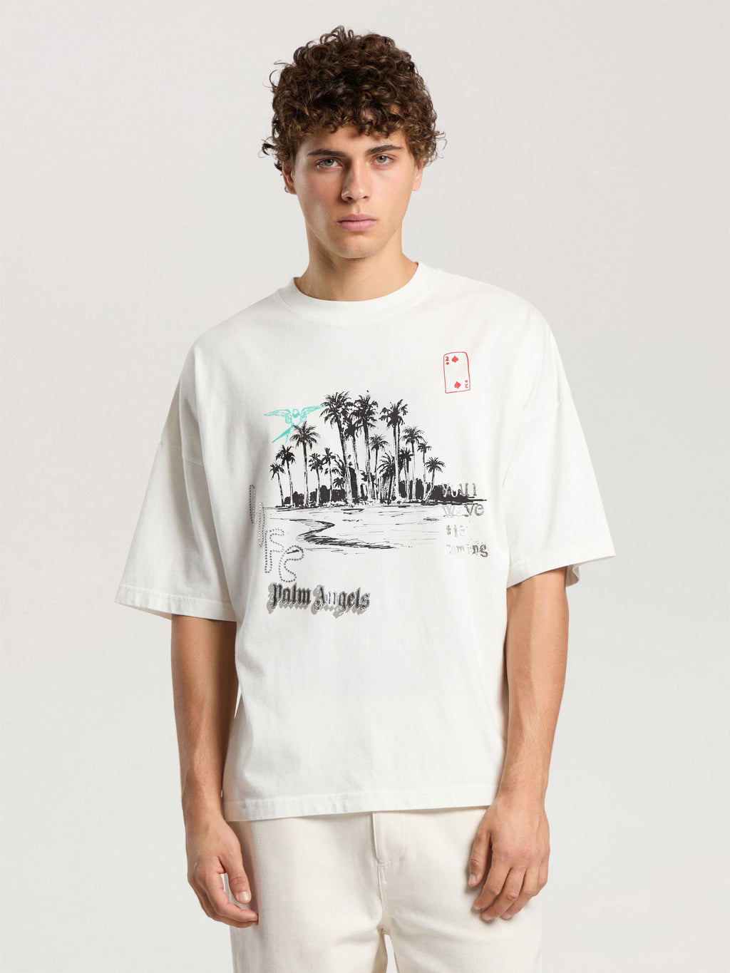 PALM ANGELS PALM LIFE LOOSE T-SHIRT OFF WHITE - BLACK — vista 3