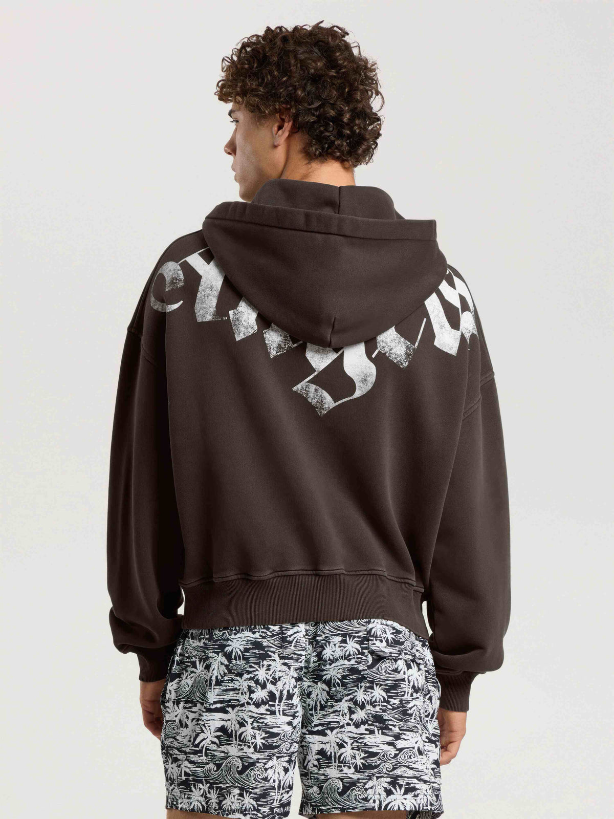 PALM ANGELS BIG NECK LOGO ZIP LOOSE HOODIE BROWN - OFF WHITE — vista 5