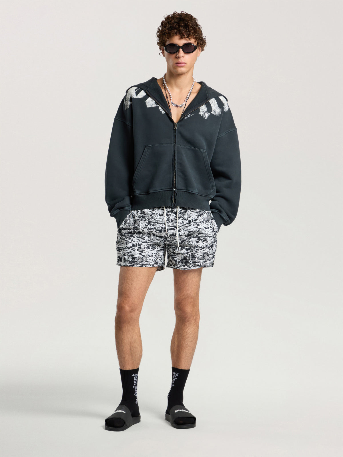 PALM ANGELS PALM WAVES SWIM SHORTS BLACK - OFF WHITE — vista 2