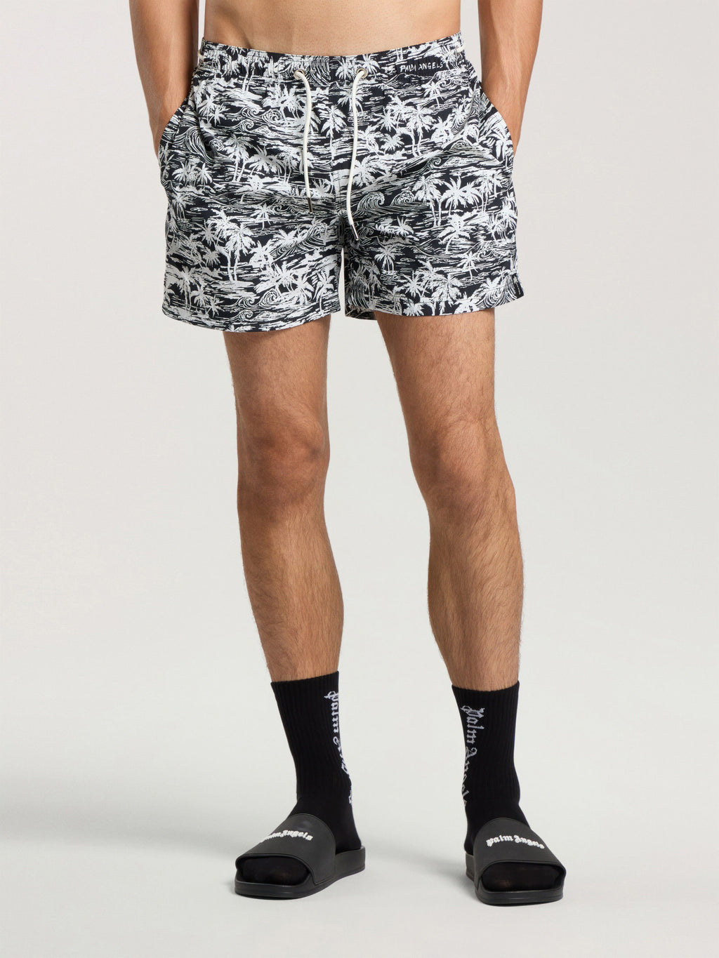 PALM ANGELS PALM WAVES SWIM SHORTS BLACK - OFF WHITE — vista 3