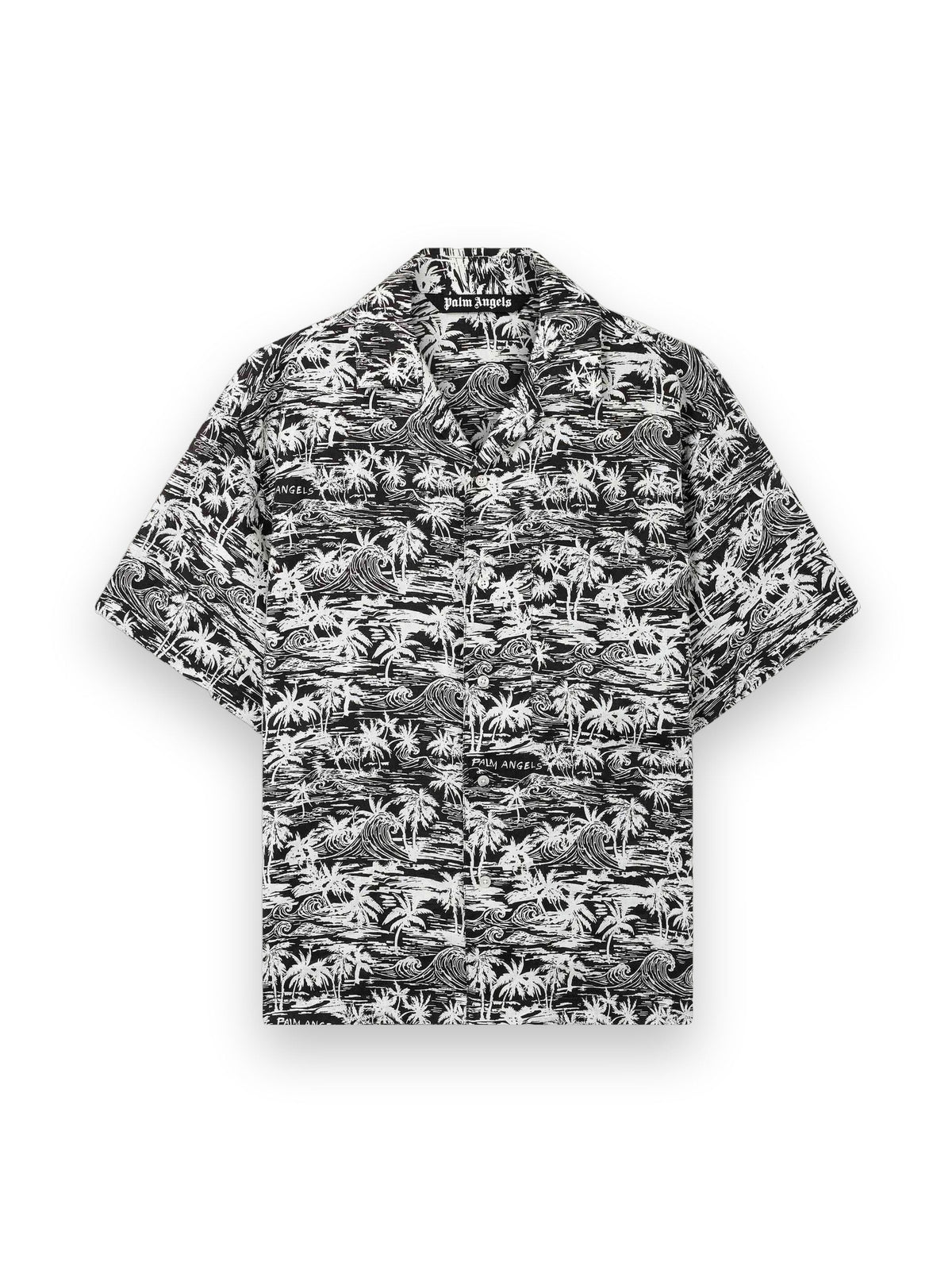 PALM ANGELS PALM WAVES LINEN BOWLING SHIRT BLACK - OFF WHITE