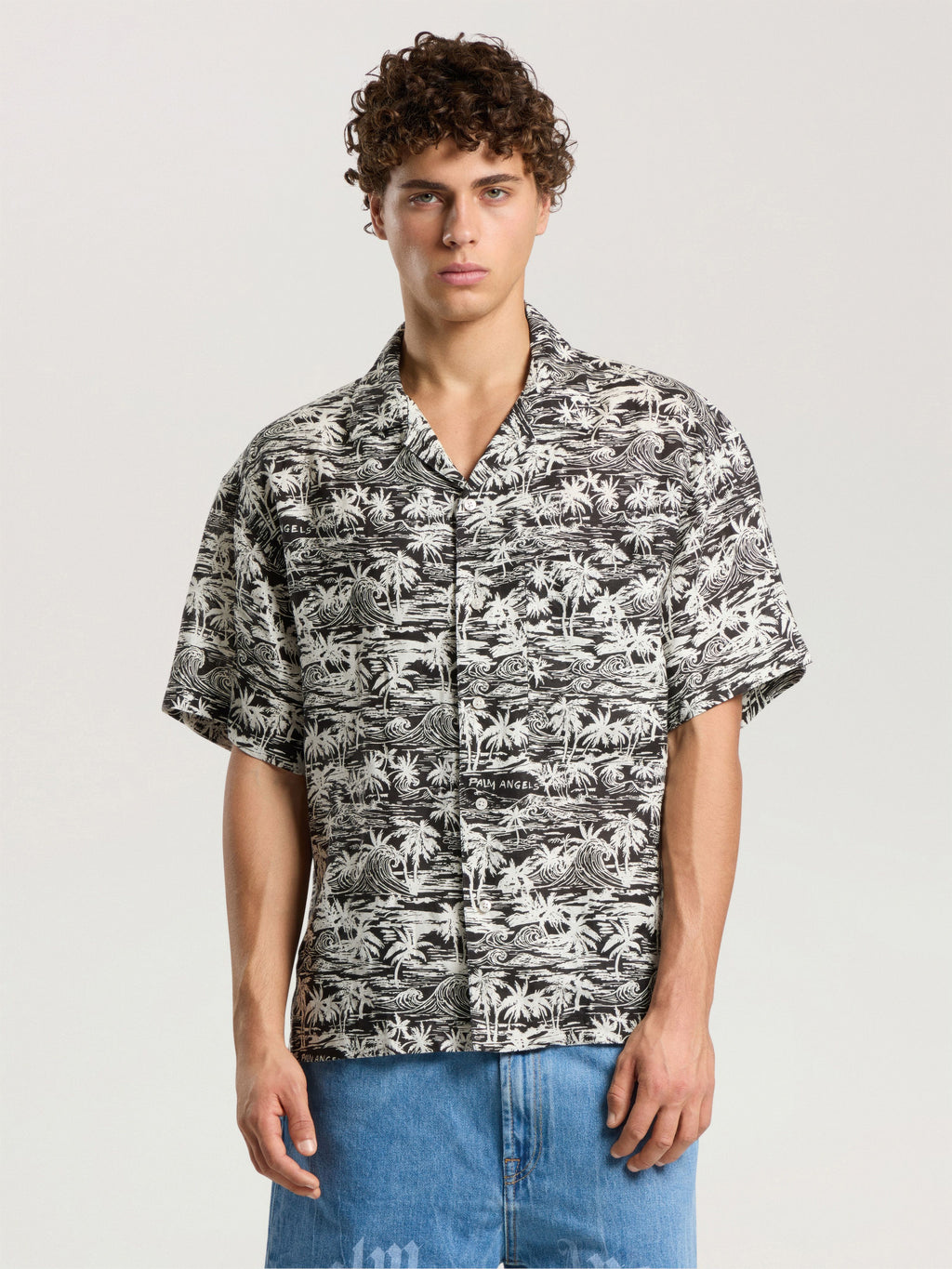 PALM ANGELS PALM WAVES LINEN BOWLING SHIRT BLACK - OFF WHITE — vista 3