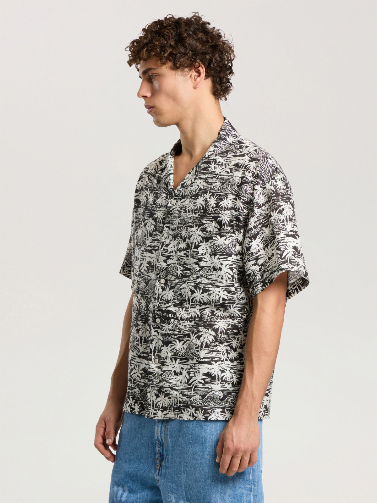 PALM ANGELS PALM WAVES LINEN BOWLING SHIRT BLACK - OFF WHITE — vista 4