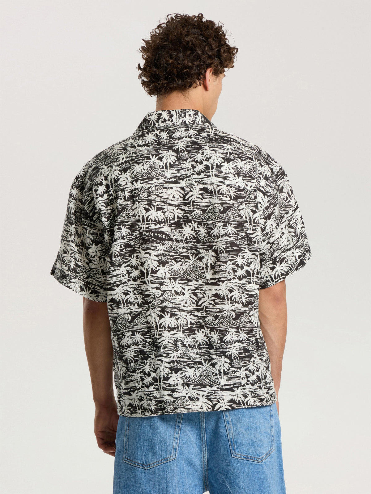 PALM ANGELS PALM WAVES LINEN BOWLING SHIRT BLACK - OFF WHITE — vista 5