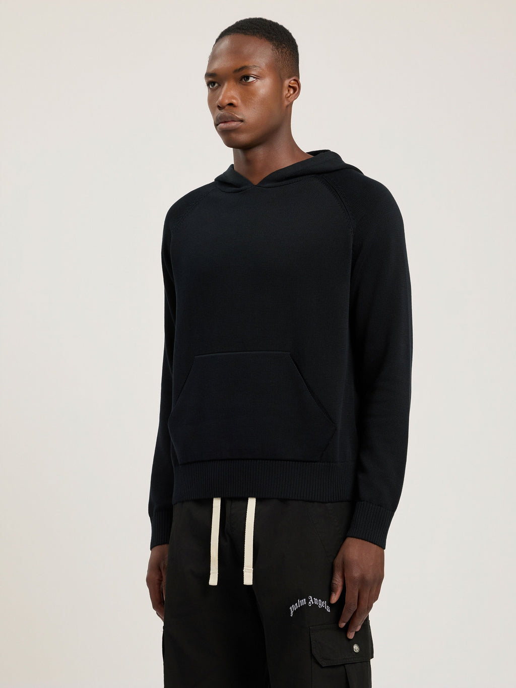 PALM ANGELS CURVED LOGO REGULAR KNIT HOODIE BLACK - OFF WHITE — vista 4