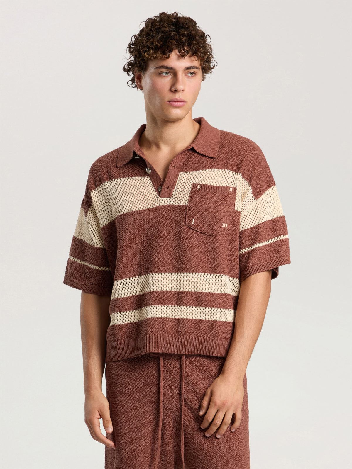 PALM ANGELS PALM TYPE LOOSE KNIT POLO BROWN - KAKI — vista 3