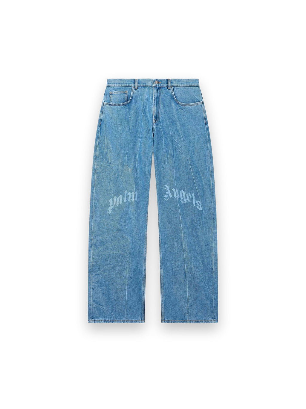 PALM ANGELS SPLITTED CURVED LOGO LOOSE JEANS LIGHT BLUE - LIGHT BLUE