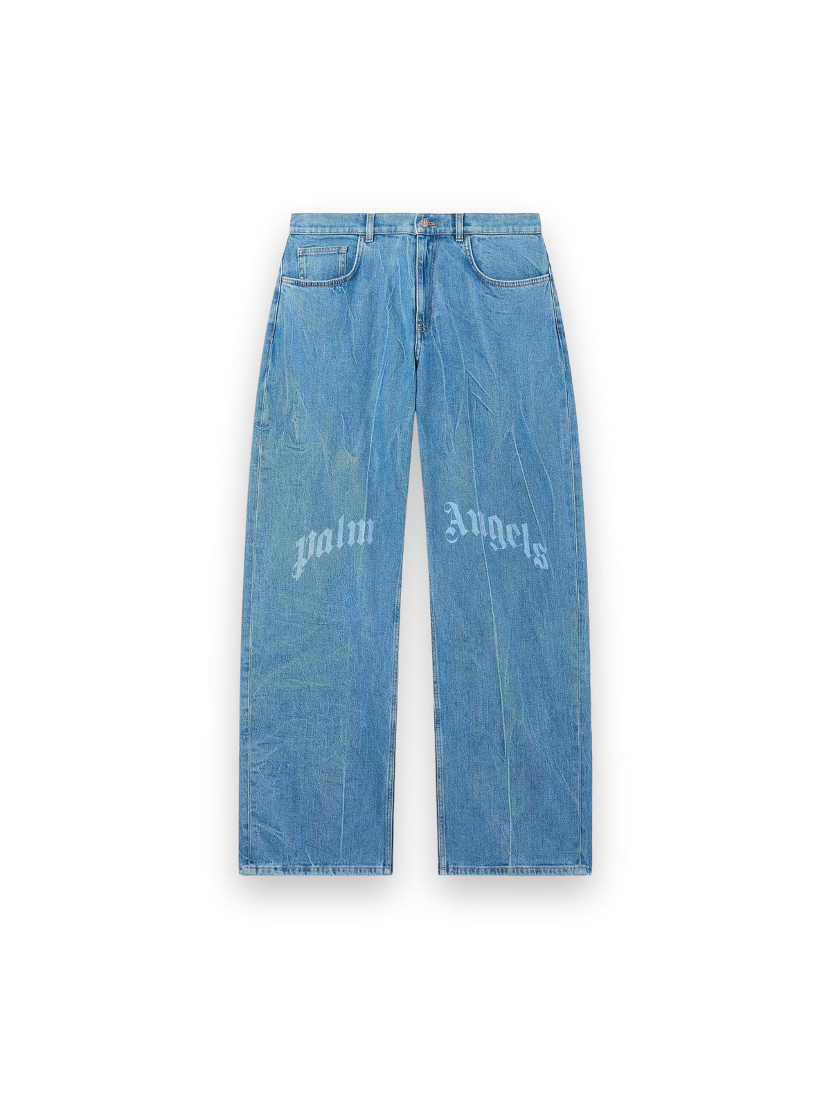 PALM ANGELS SPLITTED CURVED LOGO LOOSE JEANS LIGHT BLUE - LIGHT BLUE