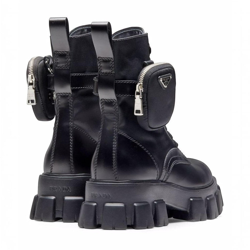 PRADA MONOLITH LEATHER RE-NYLON BOOTS WITH POUCH