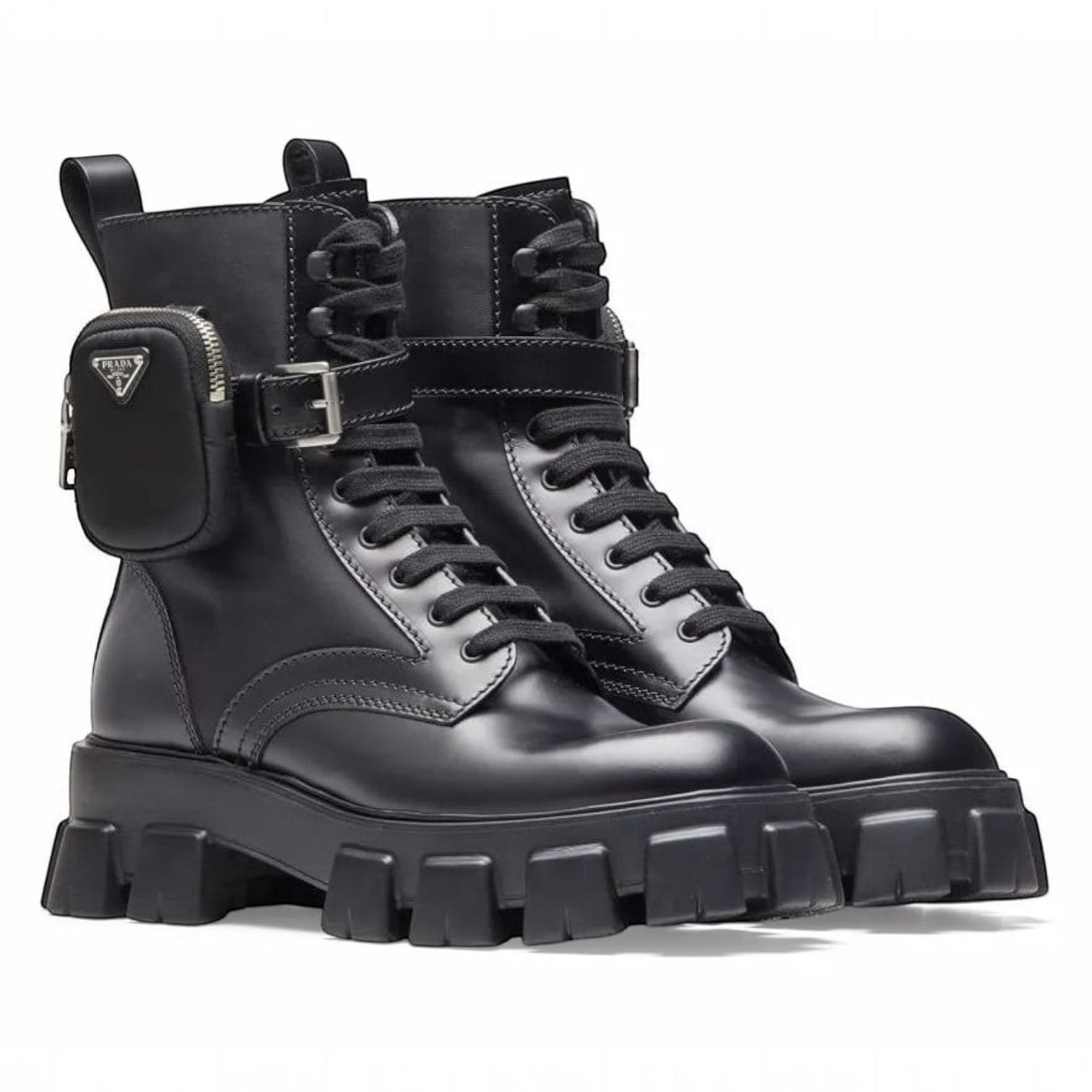 PRADA MONOLITH LEATHER RE-NYLON BOOTS WITH POUCH