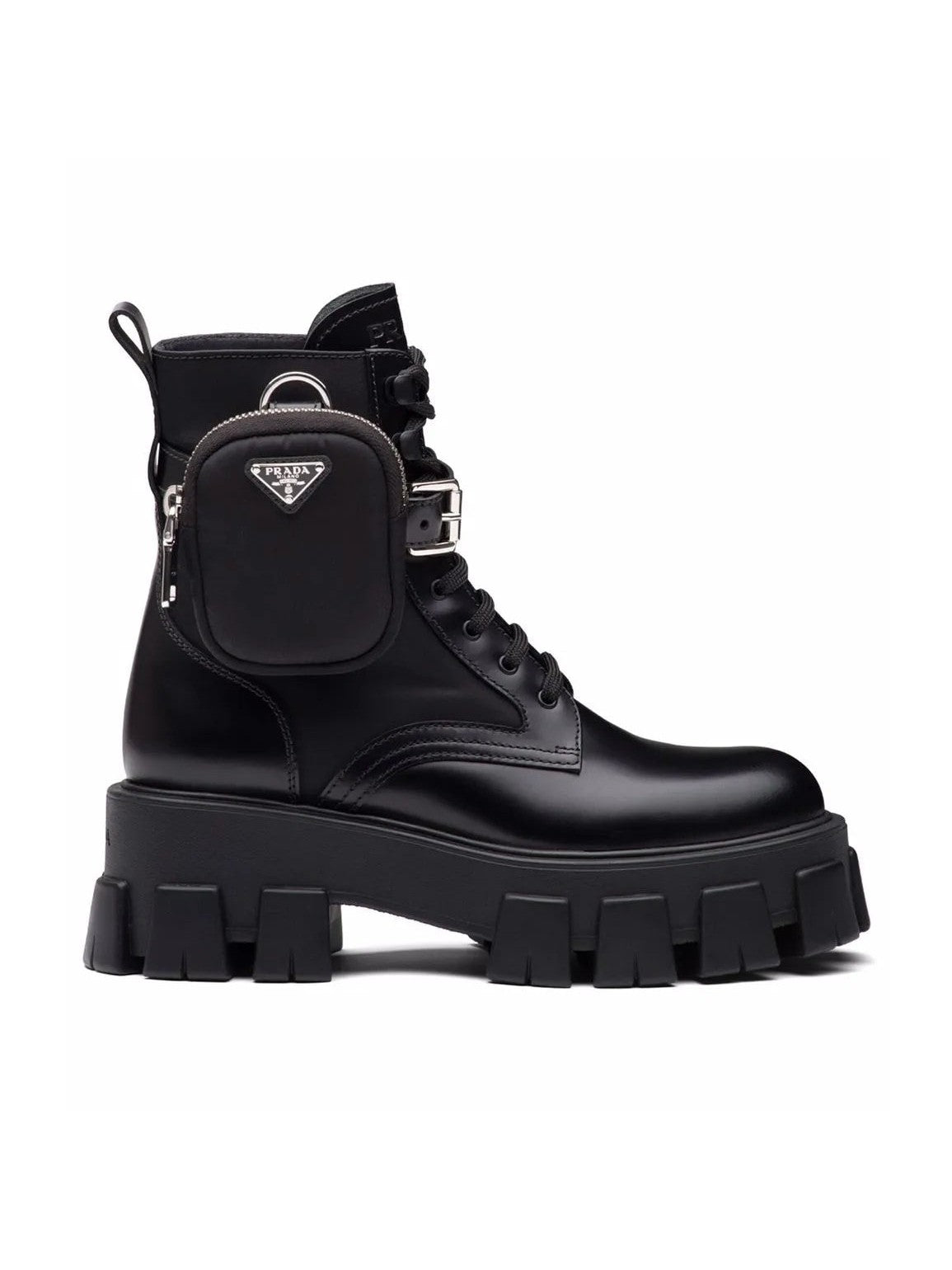 PRADA MONOLITH LEATHER RE-NYLON BOOTS WITH POUCH
