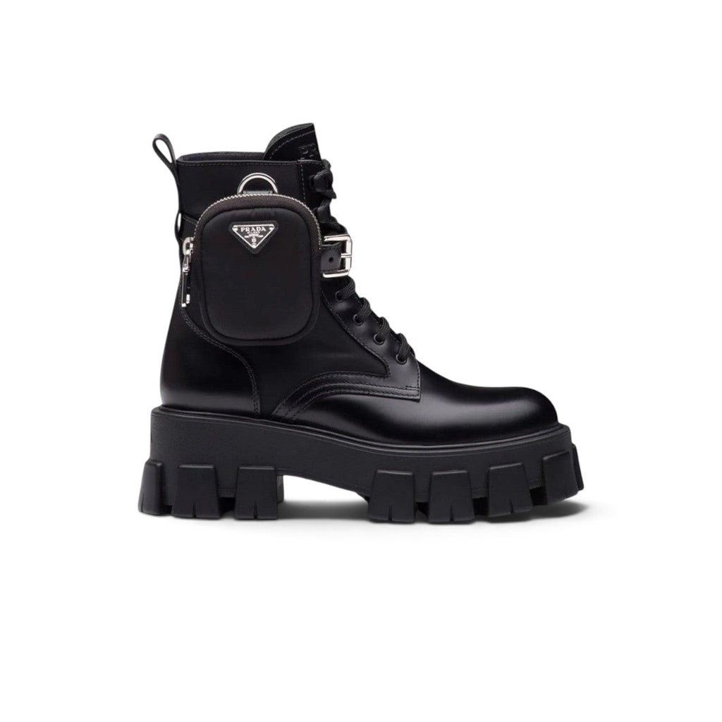 PRADA MONOLITH LEATHER RE-NYLON BOOTS WITH POUCH