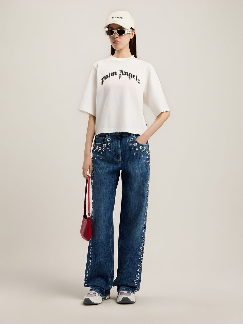 PALM ANGELS DRIPPING CURVED LOGO BOXY T-SHIRT OFF WHITE BLACK — vista 2