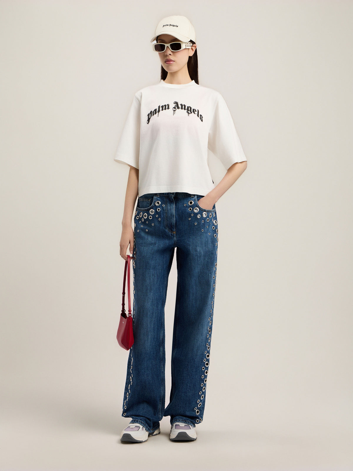 PALM ANGELS DRIPPING CURVED LOGO BOXY T-SHIRT OFF WHITE BLACK — vista 2