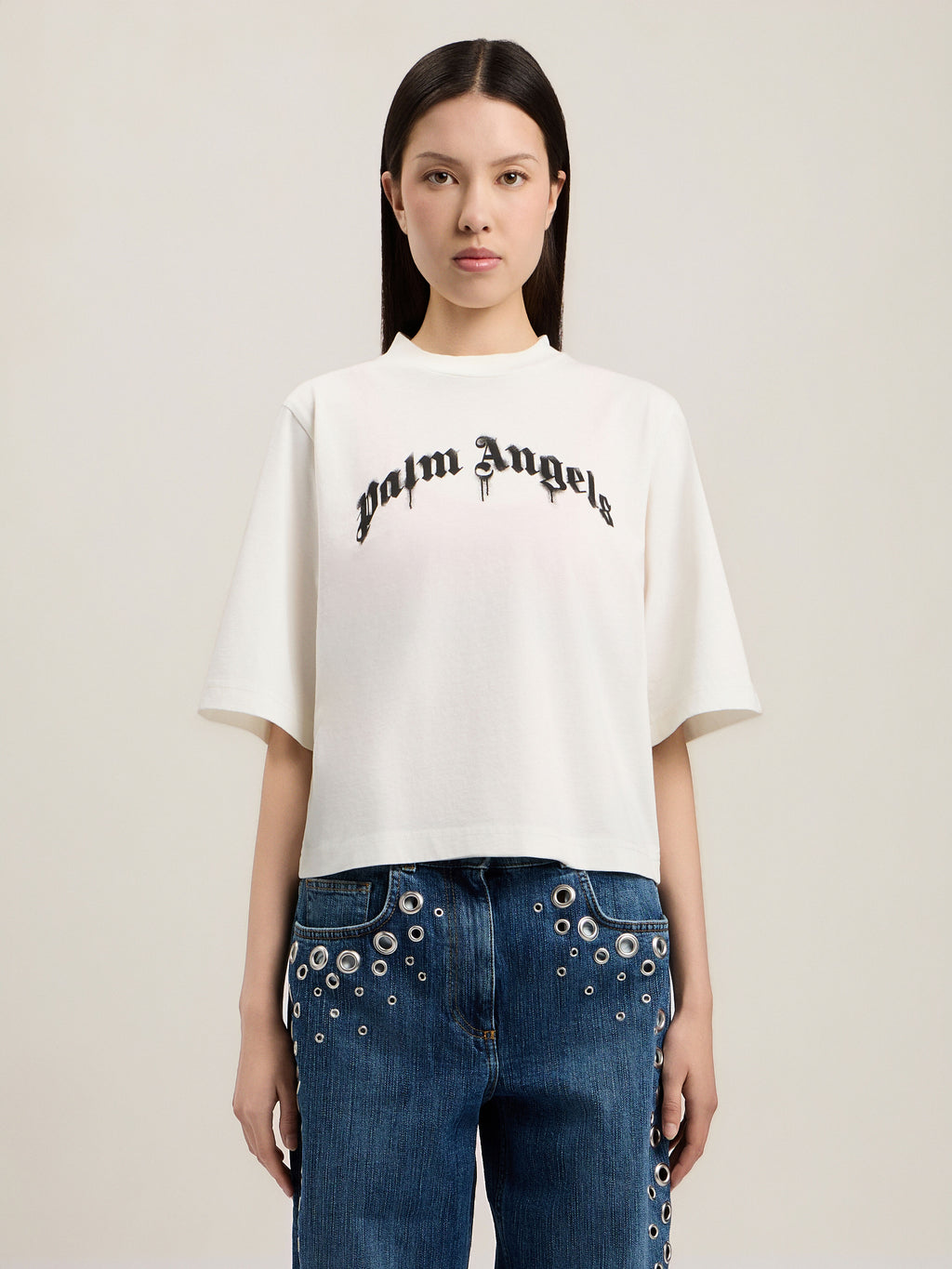 PALM ANGELS DRIPPING CURVED LOGO BOXY T-SHIRT OFF WHITE BLACK — vista 3