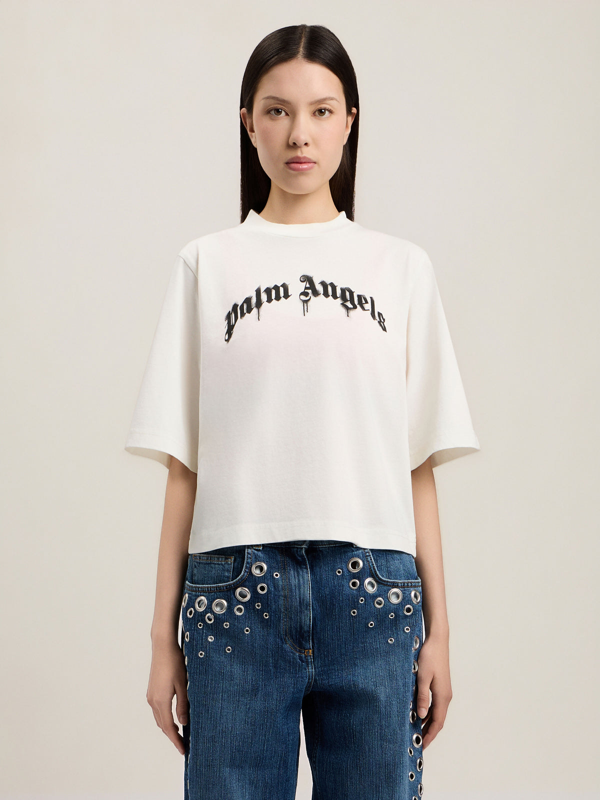 PALM ANGELS DRIPPING CURVED LOGO BOXY T-SHIRT OFF WHITE BLACK — vista 3