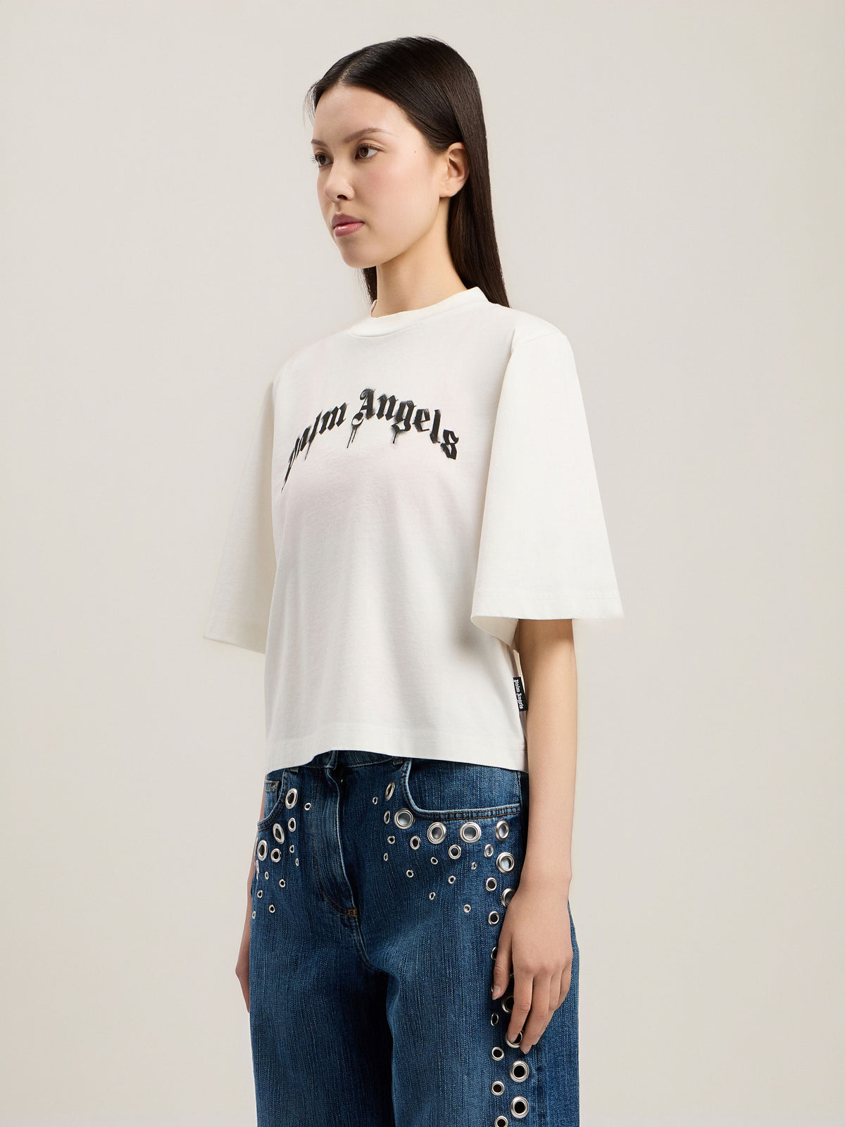 PALM ANGELS DRIPPING CURVED LOGO BOXY T-SHIRT OFF WHITE BLACK — vista 4