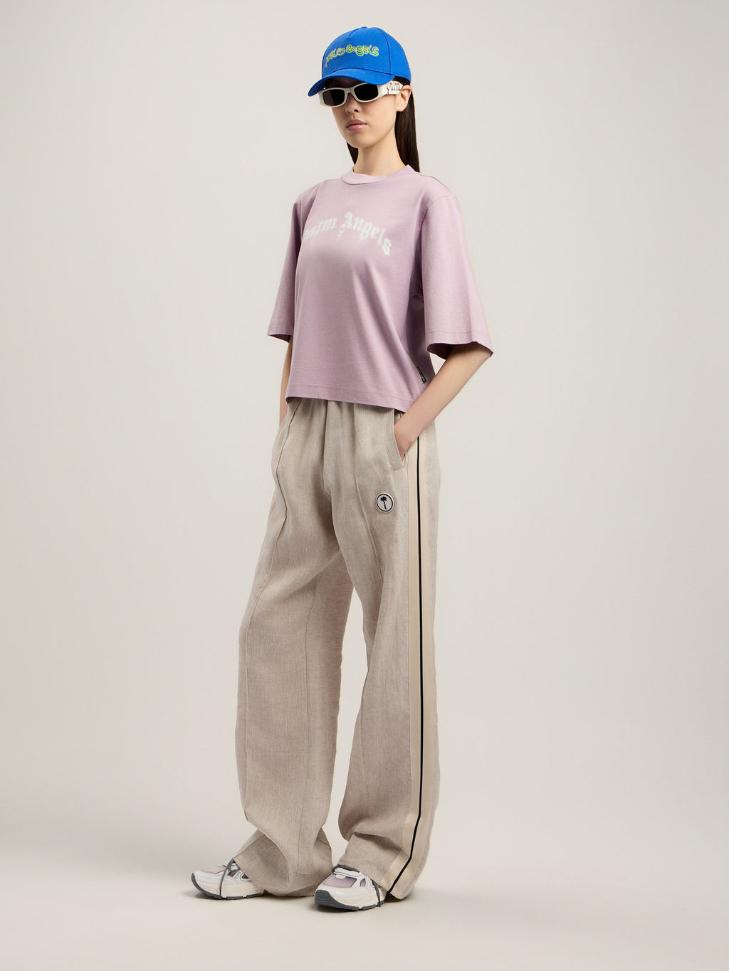 PALM ANGELS DRIPPING CURVED LOGO BOXY T-SHIRT LILAC OFF WHITE — vista 2
