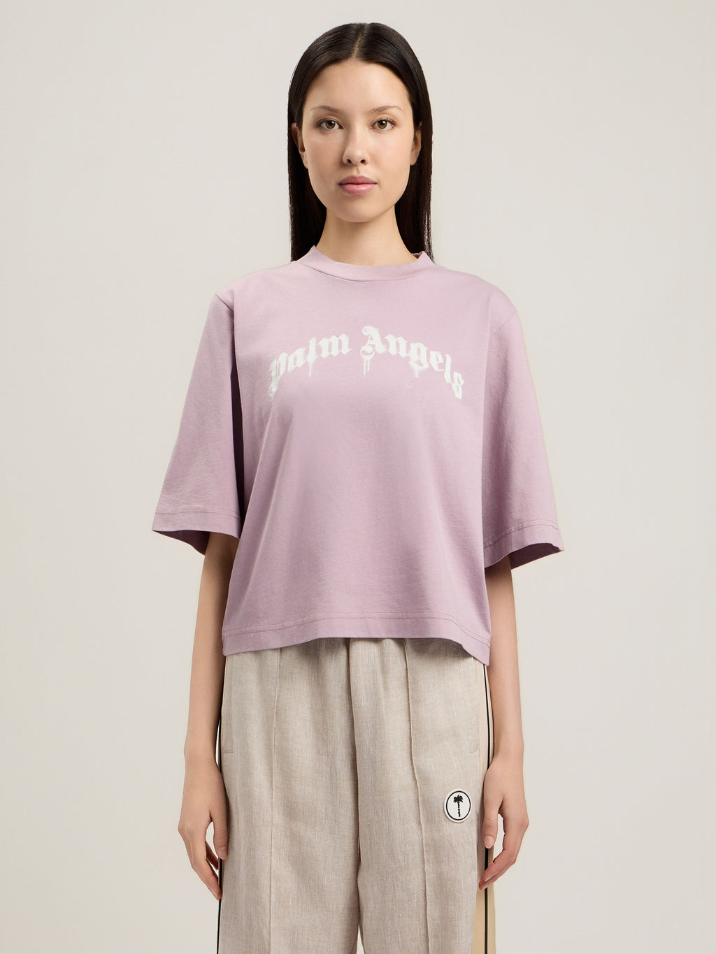 PALM ANGELS DRIPPING CURVED LOGO BOXY T-SHIRT LILAC OFF WHITE — vista 3