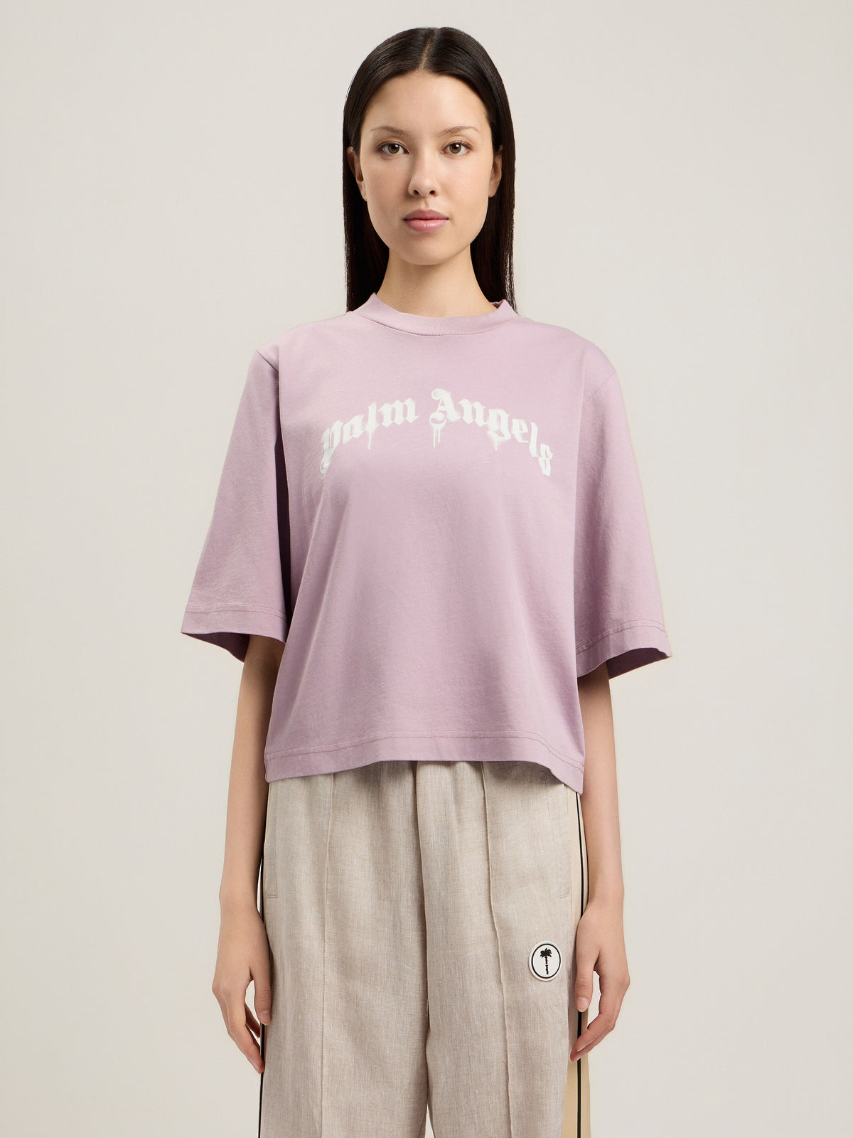 PALM ANGELS DRIPPING CURVED LOGO BOXY T-SHIRT LILAC OFF WHITE — vista 3