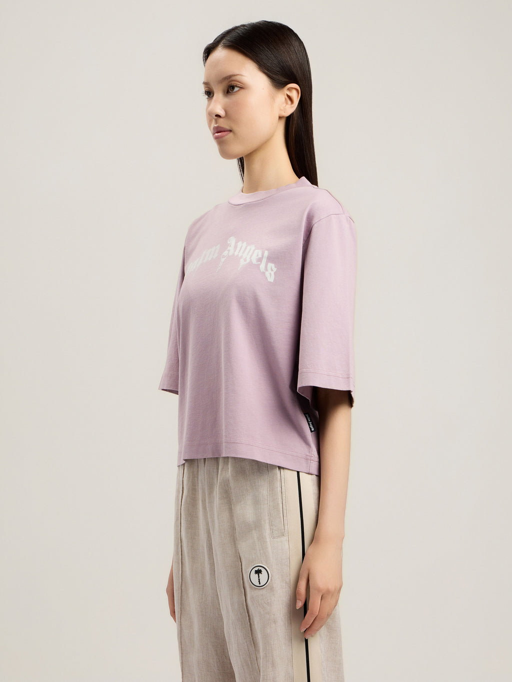 PALM ANGELS DRIPPING CURVED LOGO BOXY T-SHIRT LILAC OFF WHITE — vista 4