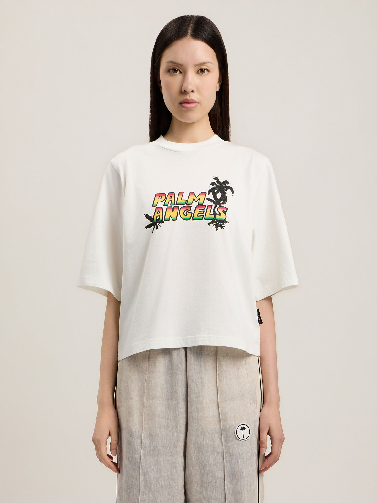 PALM ANGELS SUNSET GRAPHIC BOXY T-SHIRT OFF WHITE MULTICOLOR — vista 3