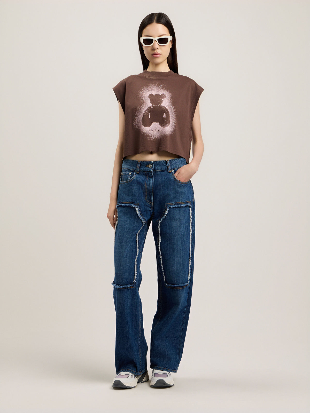 PALM ANGELS SPRAY BEAR BOXY TANK TOP BROWN PINK — vista 2