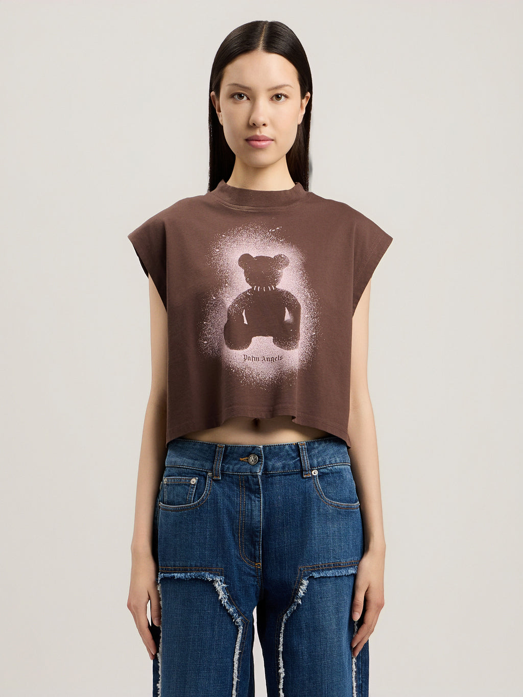 PALM ANGELS SPRAY BEAR BOXY TANK TOP BROWN PINK — vista 3