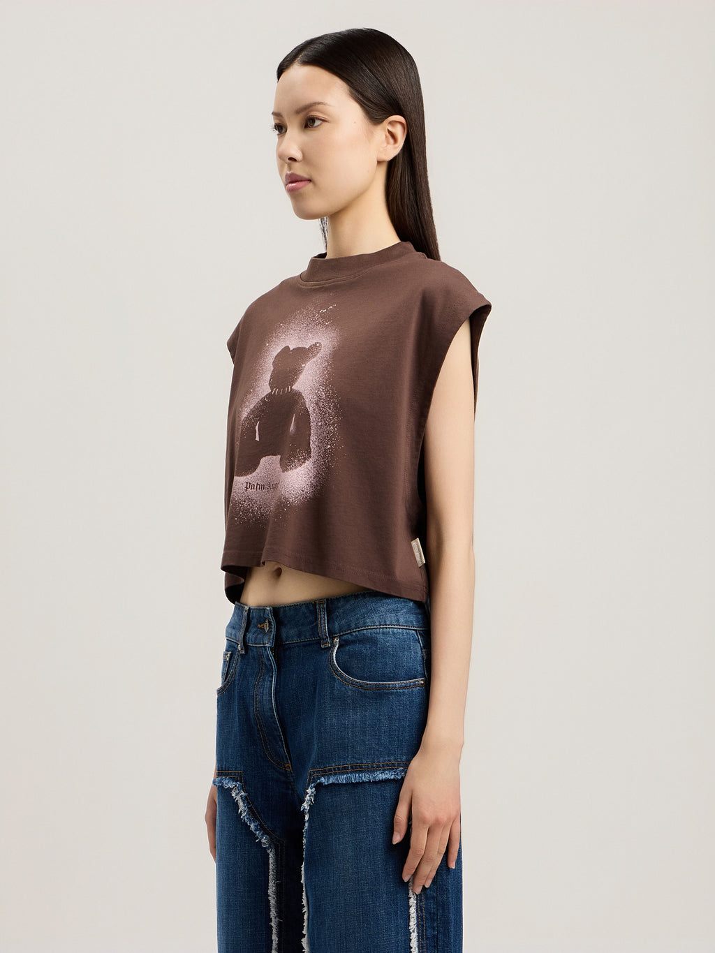 PALM ANGELS SPRAY BEAR BOXY TANK TOP BROWN PINK — vista 4