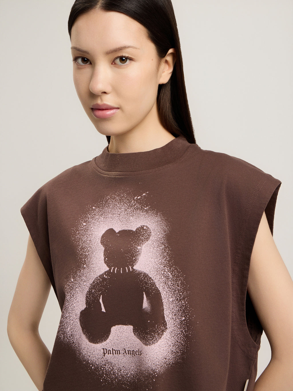PALM ANGELS SPRAY BEAR BOXY TANK TOP BROWN PINK — vista 6