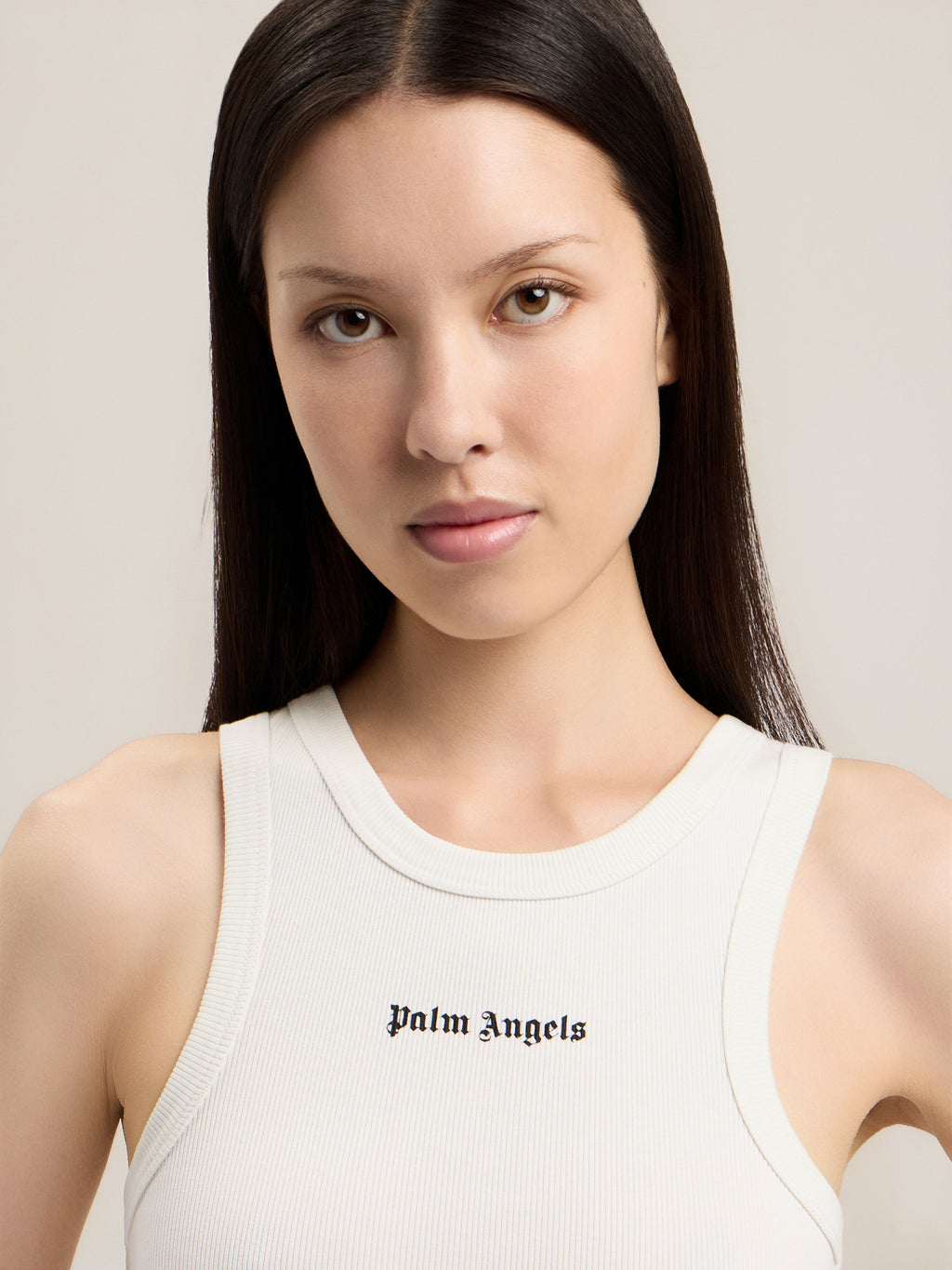 PALM ANGELS CLASSIC LOGO FITTED TANK TOP OFF WHITE BLACK — vista 6