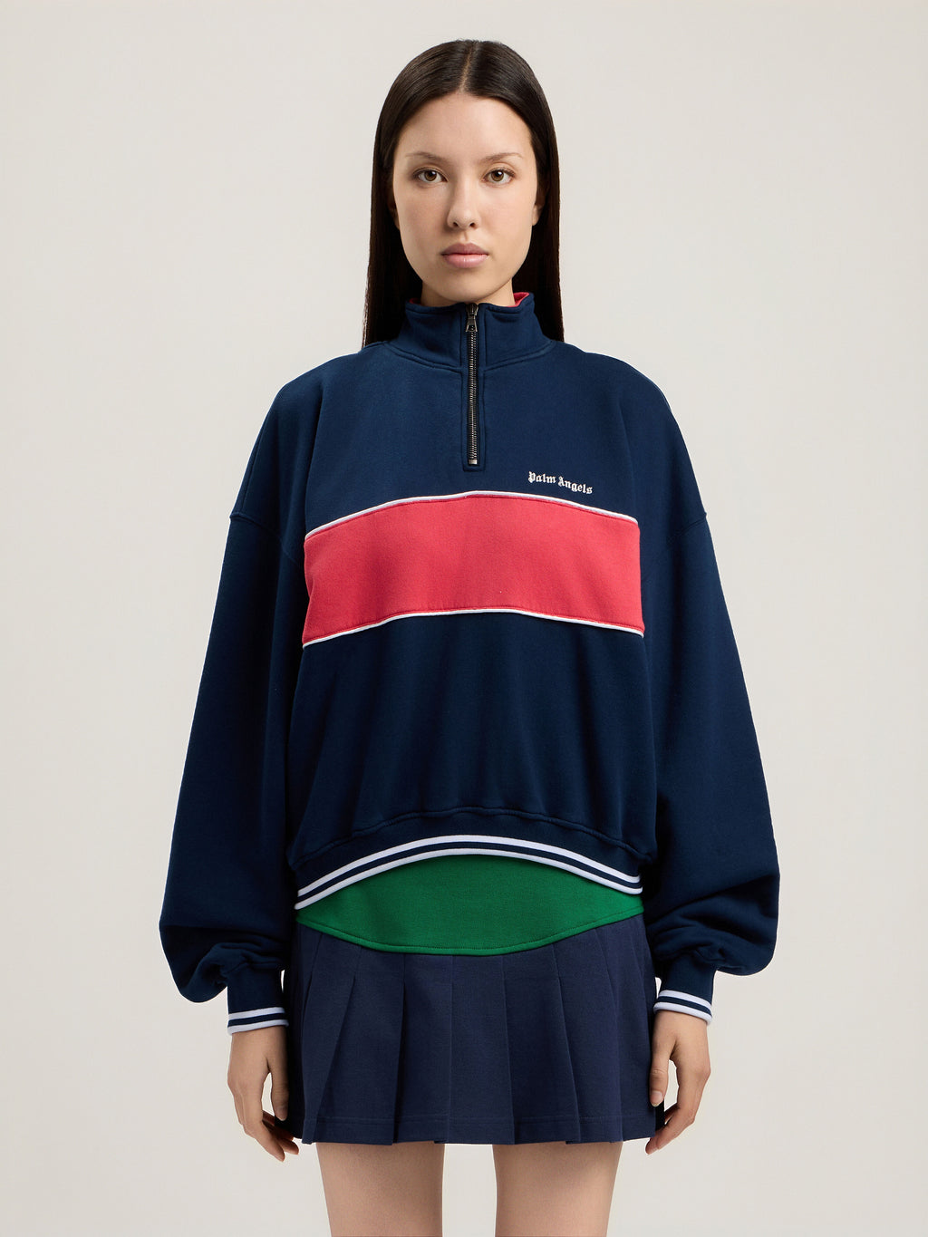 PALM ANGELS CLASSIC LOGO HALF-ZIP SWEATSHIRT NAVY BLUE RED — vista 3