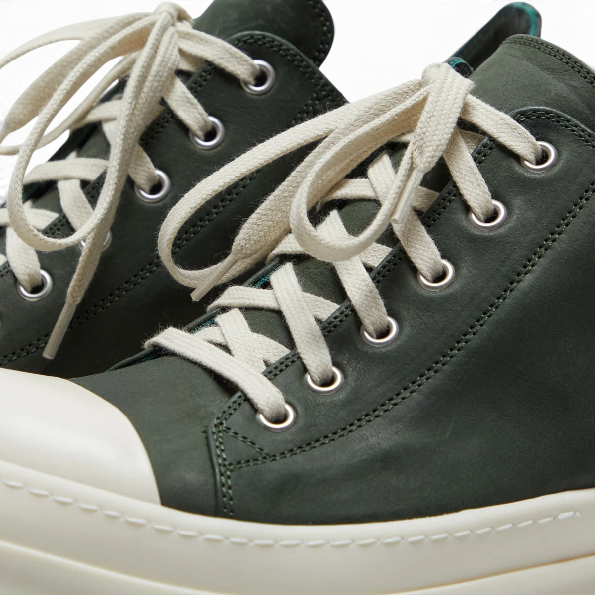 RICK OWENS LEATHER LOW TOP RAMONES SNEAKERS MOSS GREEN