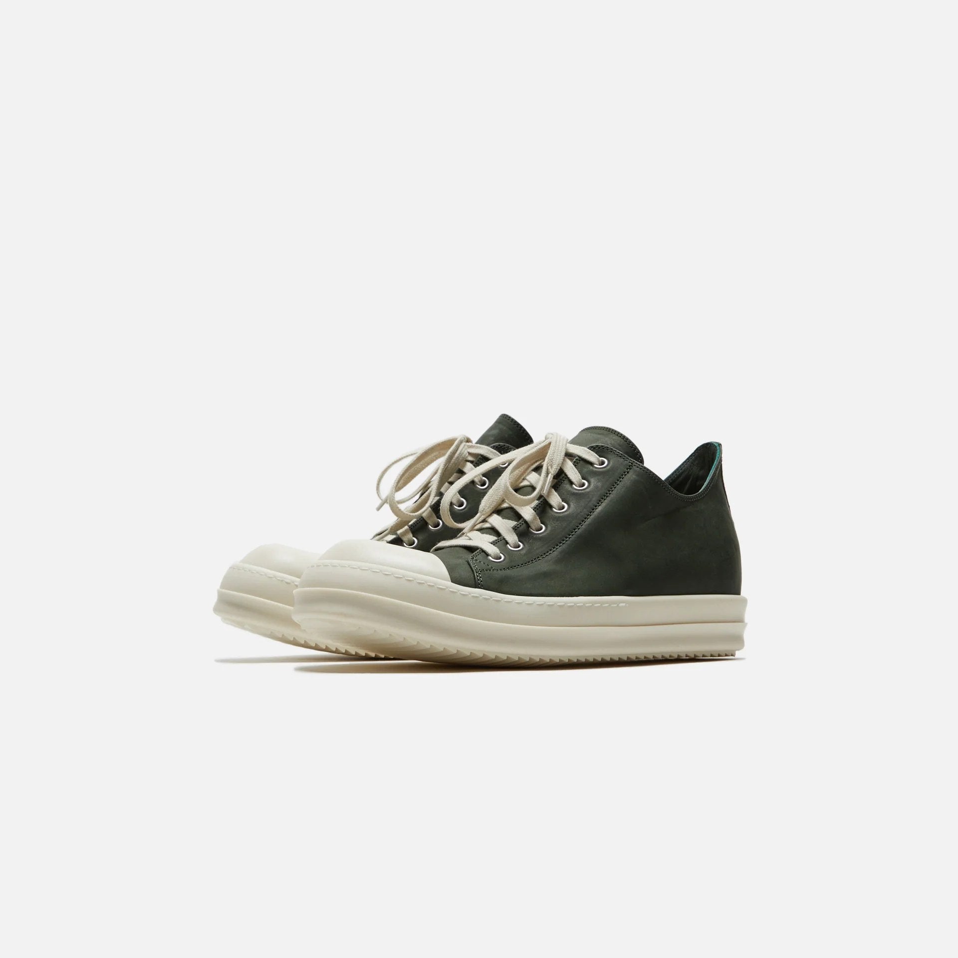RICK OWENS LEATHER LOW TOP RAMONES SNEAKERS MOSS GREEN