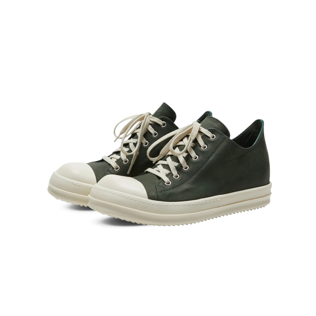 RICK OWENS LEATHER LOW TOP RAMONES SNEAKERS MOSS GREEN