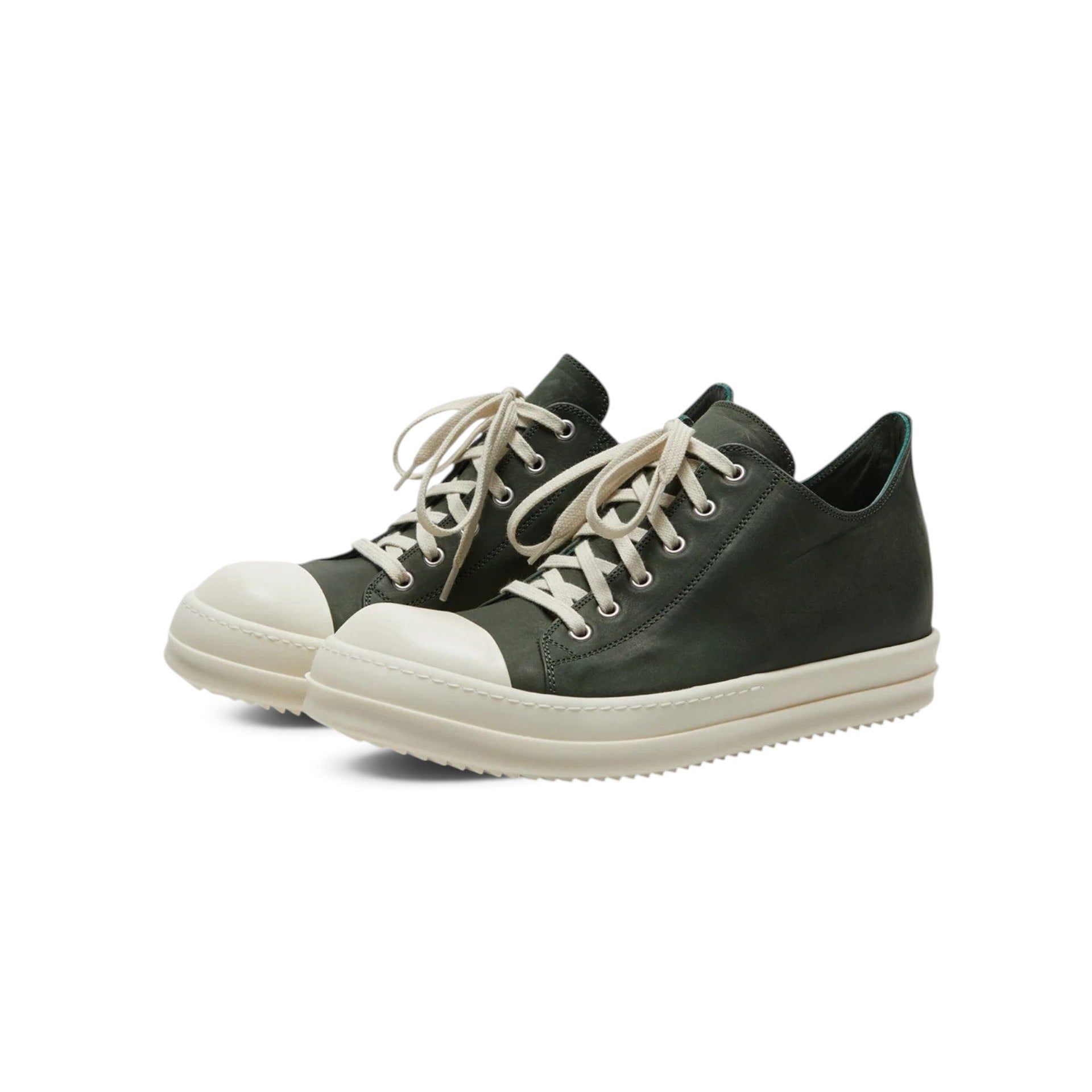 RICK OWENS LEATHER LOW TOP RAMONES SNEAKERS MOSS GREEN