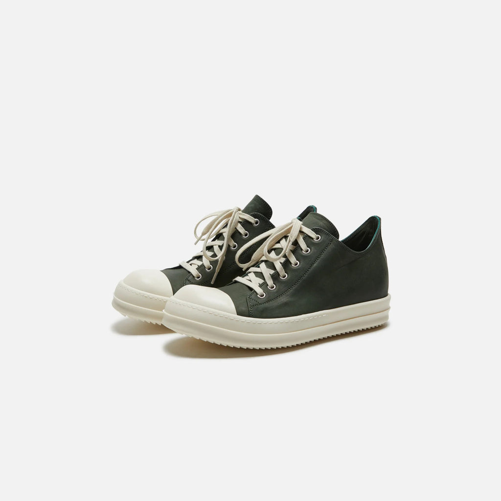 RICK OWENS LEATHER LOW TOP RAMONES SNEAKERS MOSS GREEN