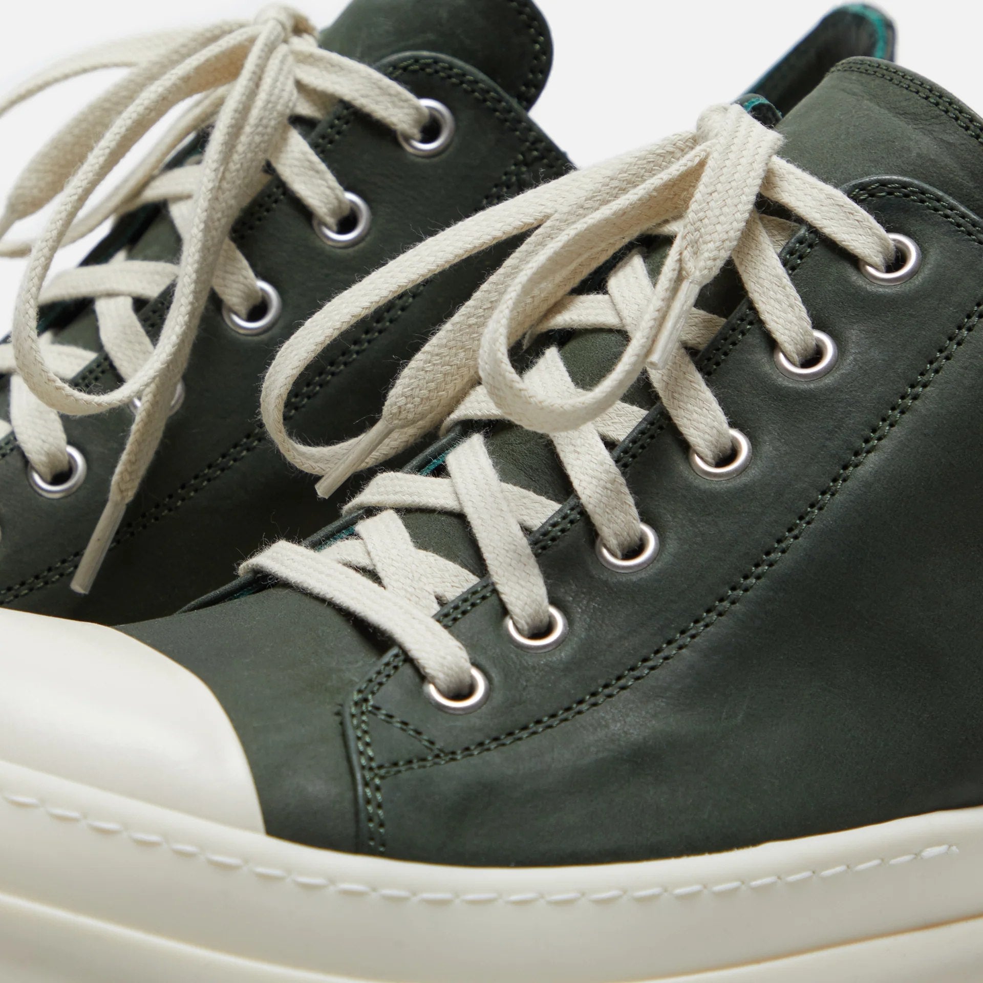 RICK OWENS LEATHER LOW TOP RAMONES SNEAKERS MOSS GREEN