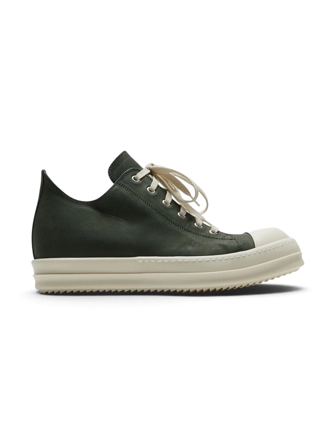 RICK OWENS LEATHER LOW TOP RAMONES SNEAKERS MOSS GREEN