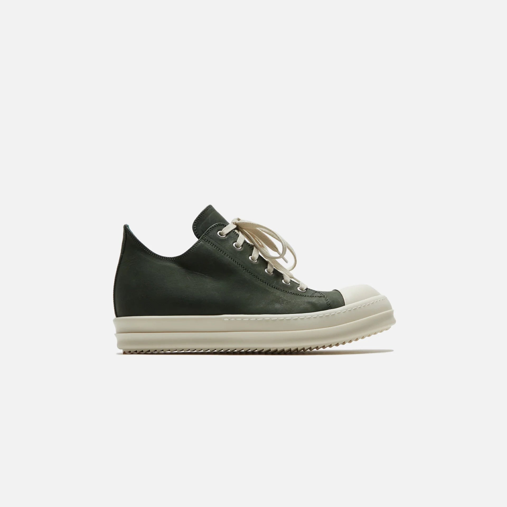 RICK OWENS LEATHER LOW TOP RAMONES SNEAKERS MOSS GREEN
