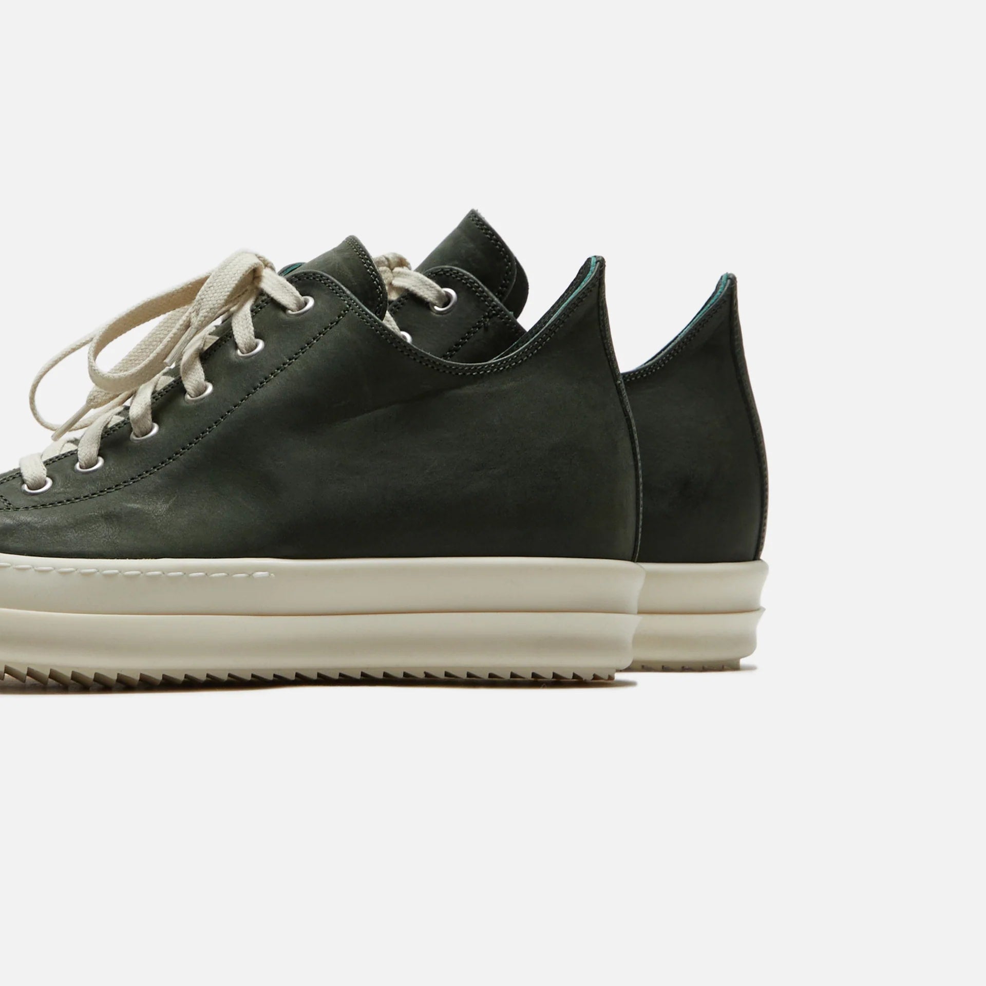 RICK OWENS LEATHER LOW TOP RAMONES SNEAKERS MOSS GREEN