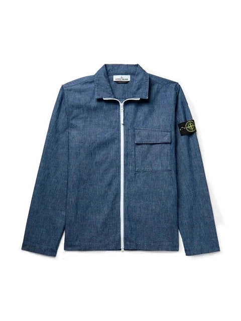 STONE ISLAND LOGO APPLIQUED COTTON CHAMBARAY JACKET STONE ISLAND The Hype Company