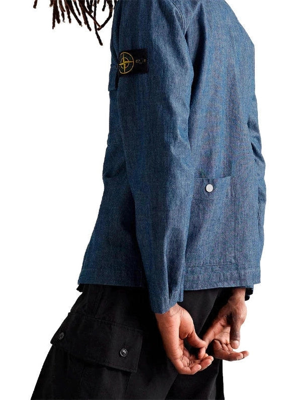 STONE ISLAND LOGO APPLIQUED COTTON CHAMBARAY JACKET STONE ISLAND The Hype Company