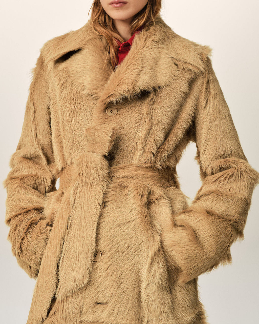 AMI PARIS LONG BEIGE GOAT LEATHER BELTED COAT — vista 10