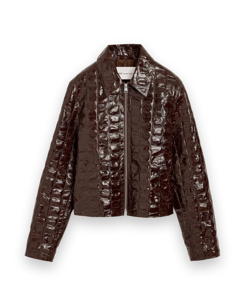 AMI PARIS BURGUNDY CROCODILE EMBOSSED COWHIDE LEATHER ZIPPED JACKET