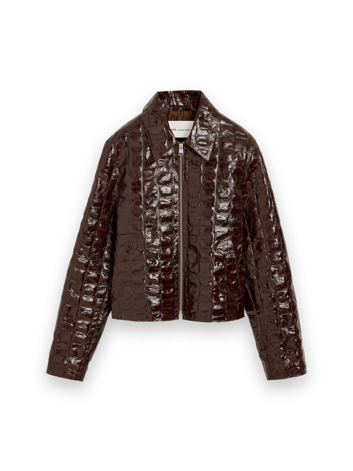 AMI PARIS BURGUNDY CROCODILE EMBOSSED COWHIDE LEATHER ZIPPED JACKET