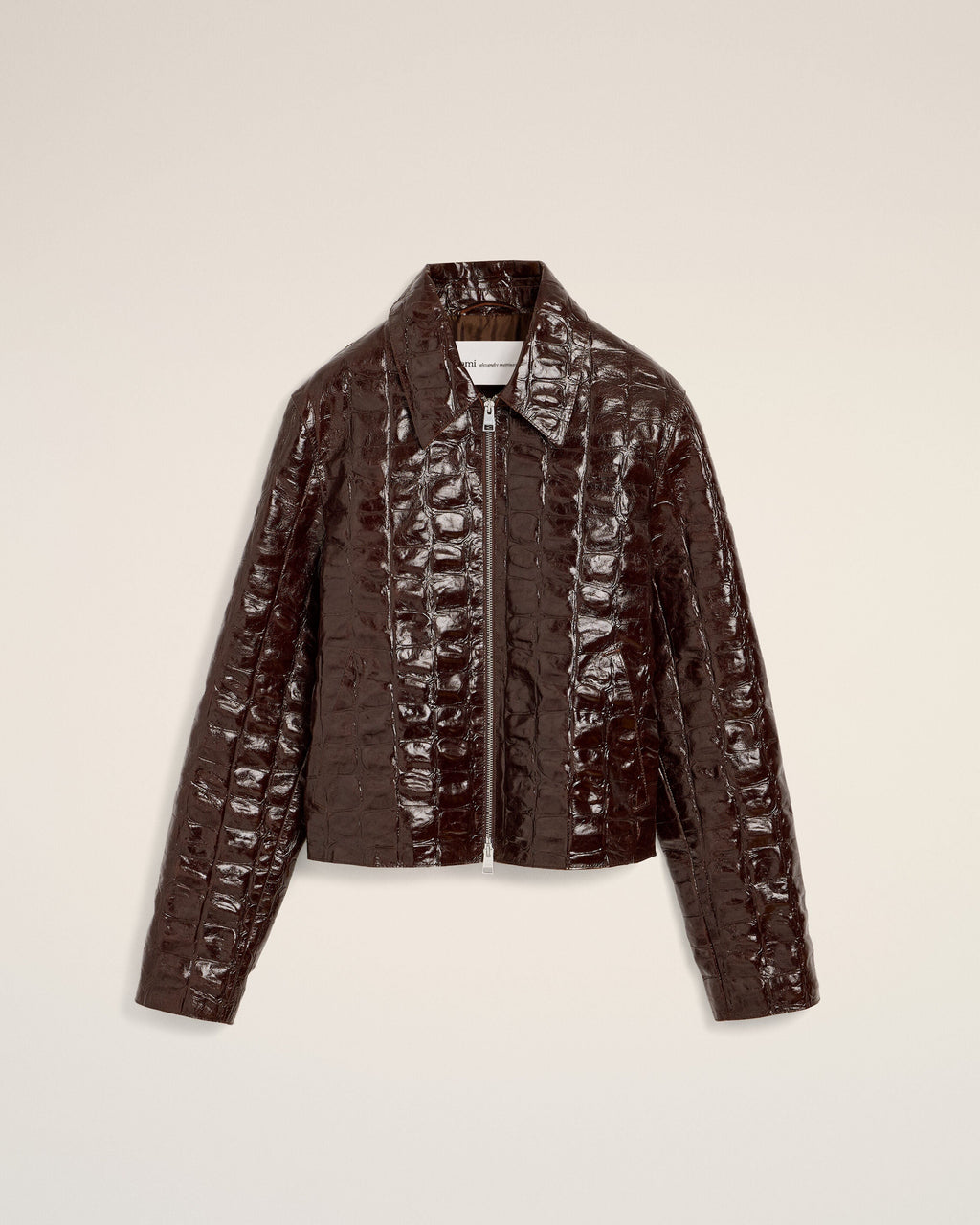 AMI PARIS BURGUNDY CROCODILE EMBOSSED COWHIDE LEATHER ZIPPED JACKET — vista 7